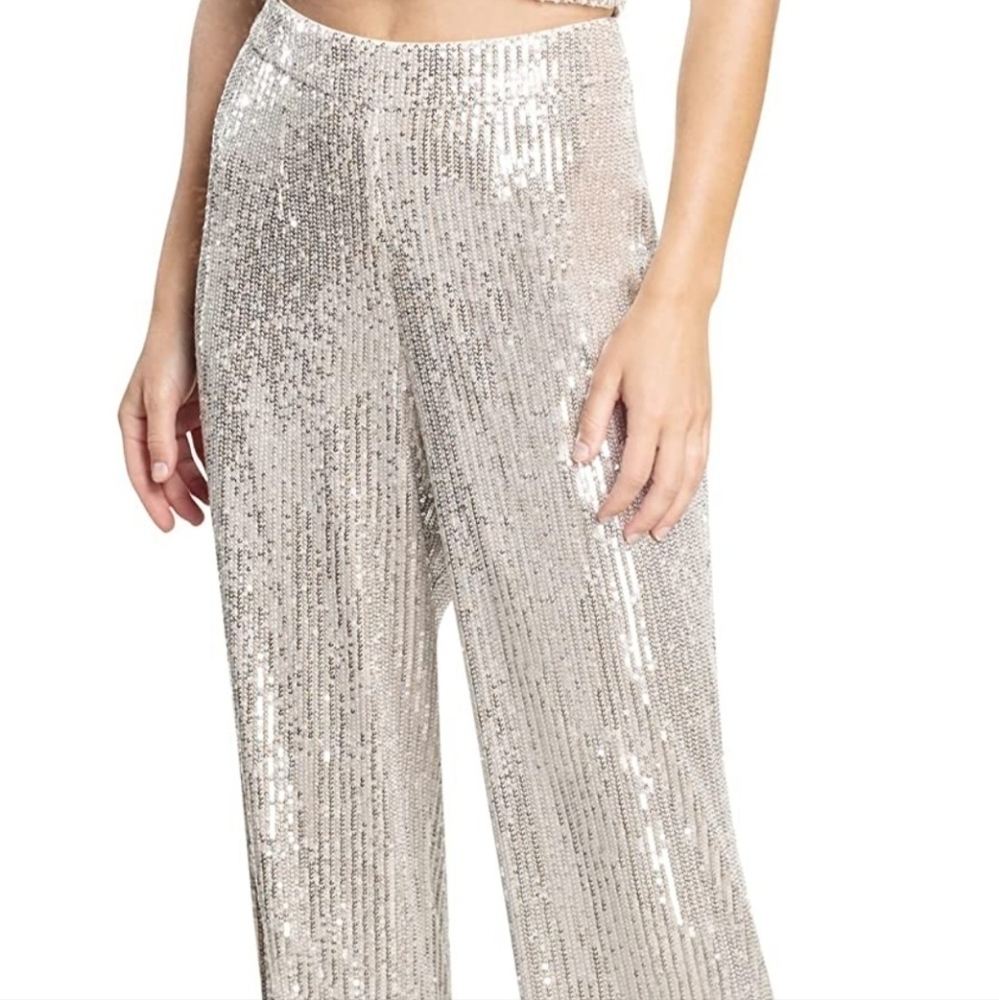 Dress the Population Women's Dina Sequin Classic Pants Size Small Silver NWT